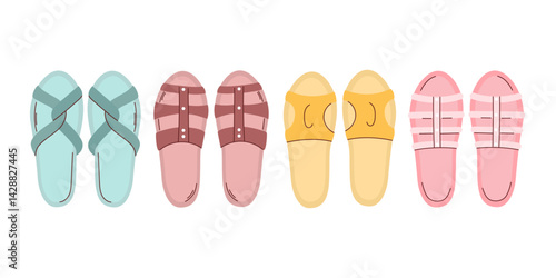 Collection of colorful summer sandals, featuring different styles and colors against a white background. Vector illustration