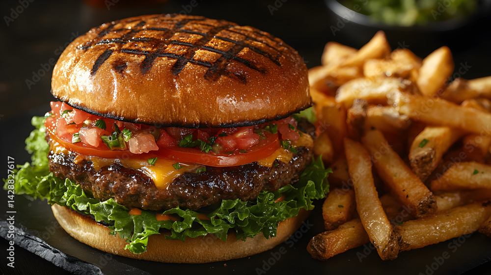 Cheeseburger served with lettuce, tomato, and a side of crispy fries