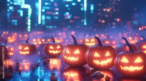Wallpaper Mural Glowing Jack-o'-lanterns city backdrop Halloween scene Torontodigital.ca
