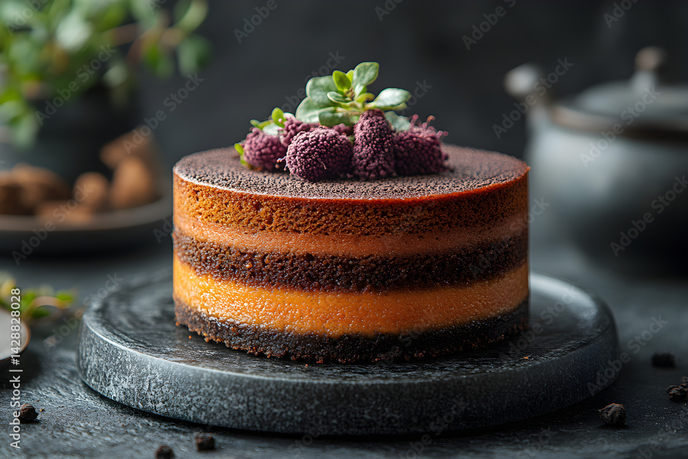 Cheesecake styled on dark grey background with clean plating and props