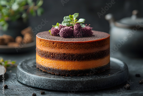 Obraz na płótnie Cheesecake styled on dark grey background with clean plating and props w salonie