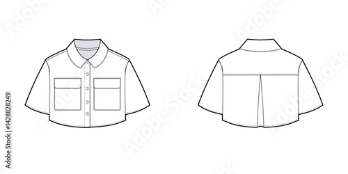 Crop Short Sleeve Polo with Front Pockets and Front Button Fastening, Straight Design- Front and Back View- Fashion Technical illustration-T-shirt- Crop Polo CAD Mockup