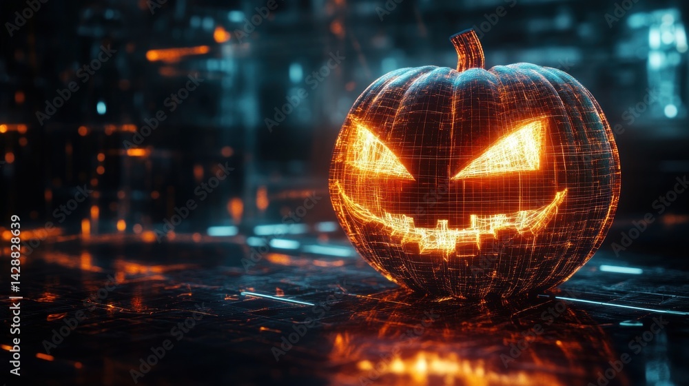 Naklejka premium Glowing Halloween Pumpkin Cyberpunk Cityscape