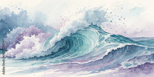 Abstract Watercolor Ocean Wave Painting Teal and Purple Hues