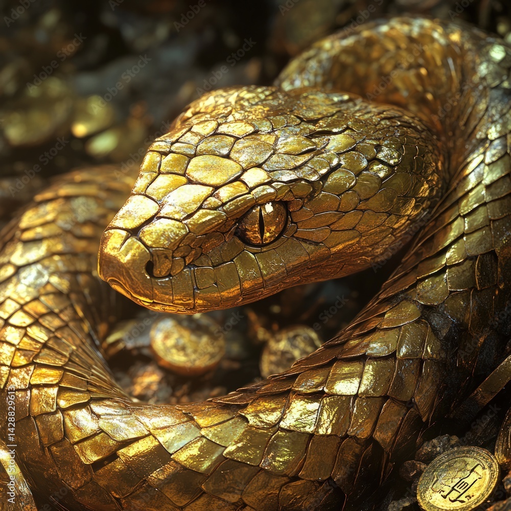 Golden serpent coiled among treasure Golden serpent coiled among treasure