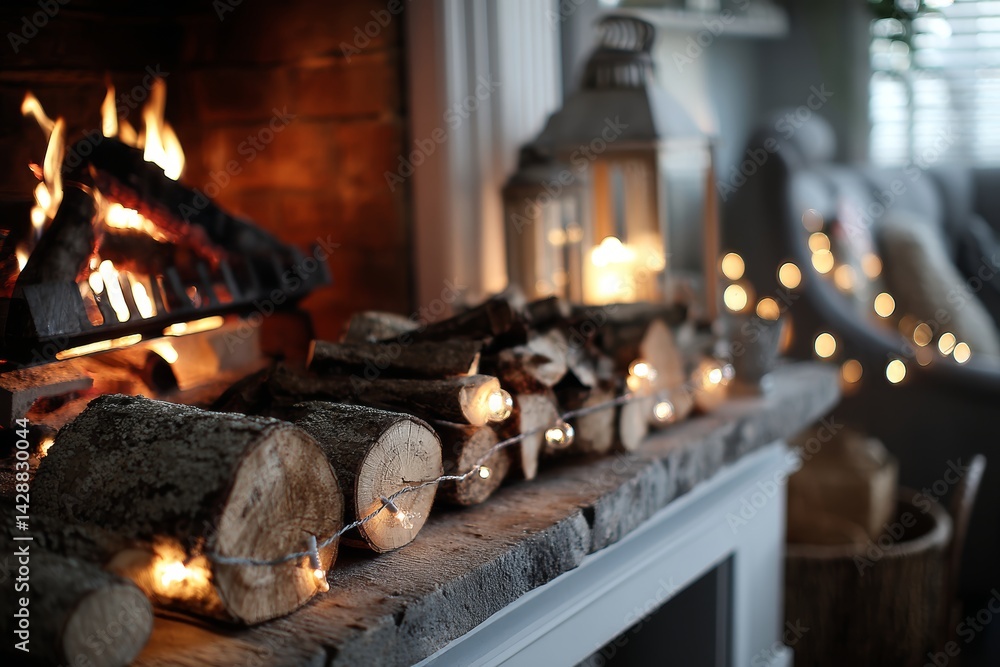 Cozy fireplace with crackling logs and warm lighting for a homely feel.
