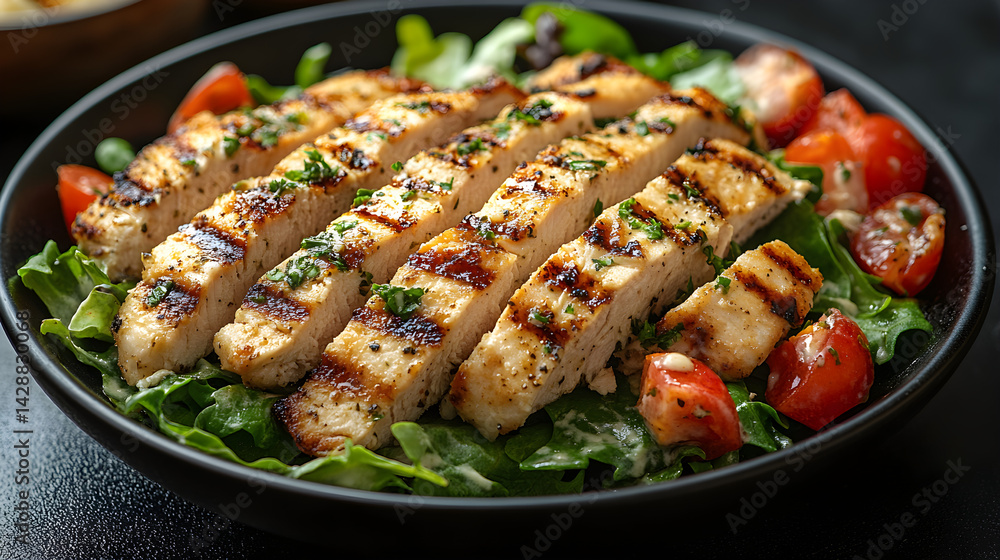 Chicken Caesar Salad presented on a black textured surface with elegant side garnishing