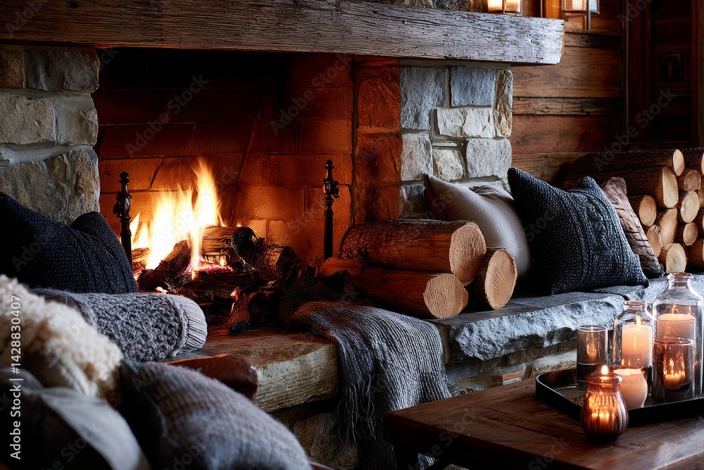 Cozy fireplace with crackling logs and warm lighting for a homely feel.
