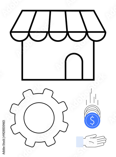 Shop building with awning, gear wheel for processes, hand below coins for money transactions. Ideal for entrepreneurship, e-commerce, retail, economy, investment, management simple landing page
