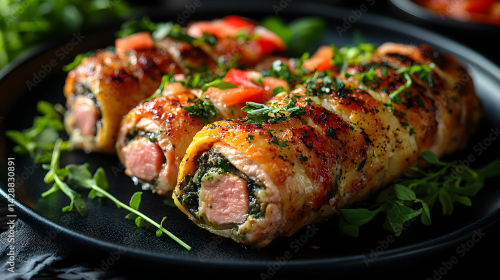 Chicken Cordon Bleu served on dark grey textured plate with fresh garnish top view
