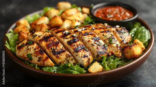 Obraz na płótnie Chicken Caesar salad with grilled chicken, croutons, and parmesan w salonie