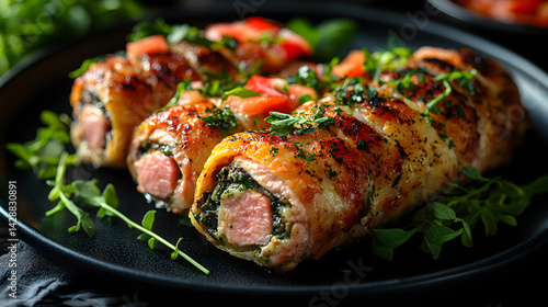 Obraz na płótnie Chicken Cordon Bleu served on dark grey textured plate with fresh garnish top view w salonie