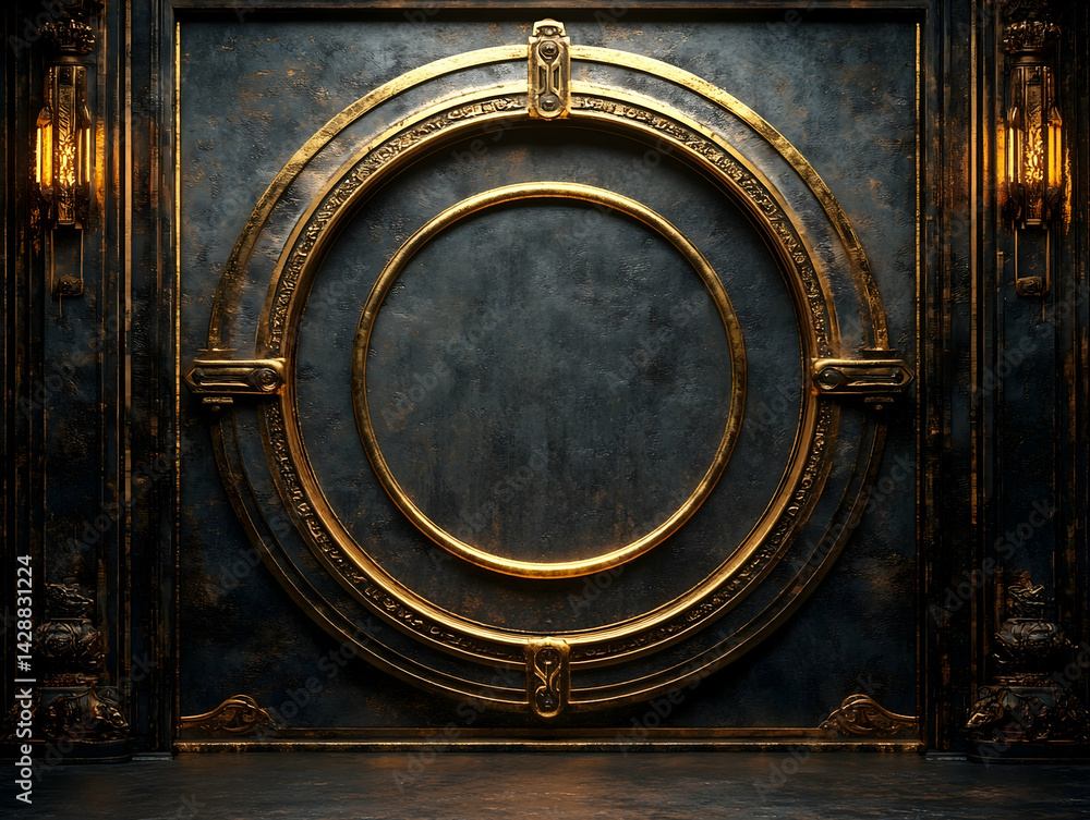 Ornate gold circles on a dark textured wall flanked by sconces creates a grand opulent atmosphere Ornate gold circles on a dark textured wall flanked by sconces creates a grand opulent atmosphere