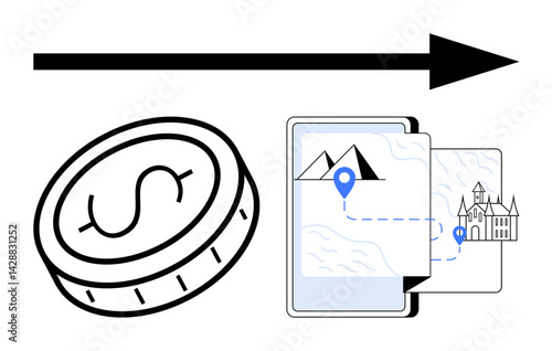 Coin with dollar sign, arrow indicating progress, digital navigation map with mountains and a historical site. Ideal for travel booking, finance, digital payment, navigation, progress, tourism