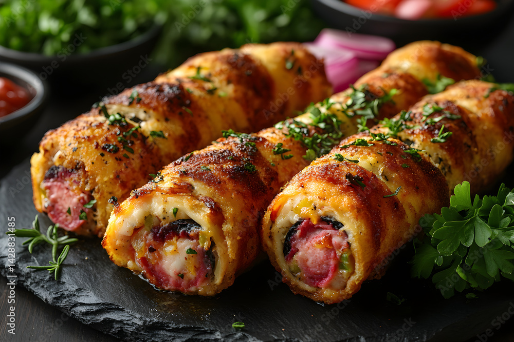 Chicken Cordon Bleu styled on rustic black stone table with side ingredients