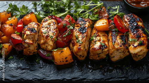 Obraz na płótnie Chicken Fajitas presented on a black textured surface with elegant side garnishing w salonie