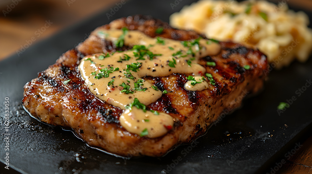 Chicken Fried Steak presented on a black textured surface with elegant side garnishing