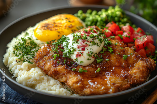 Obraz na płótnie Chicken Fried Steak styled on dark grey background with clean plating and props w salonie