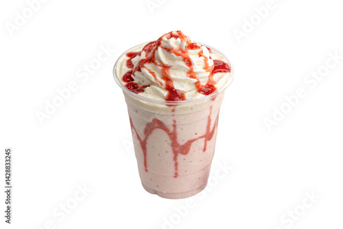 A swirl of whipped cream and strawberry sauce tops thick milkshake in transparent plastic cup, isolated on a transparent background