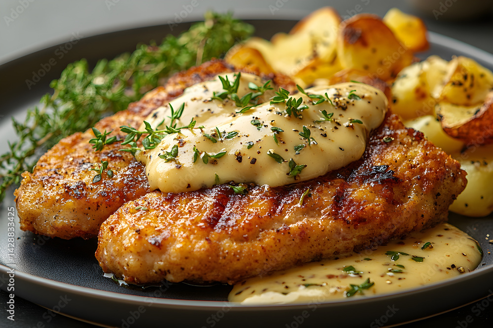 Chicken Fried Steak styled on dark grey background with clean plating and props