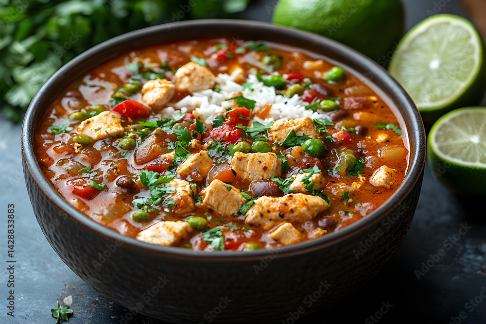 Chicken Gumbo styled on dark grey background with clean plating and props