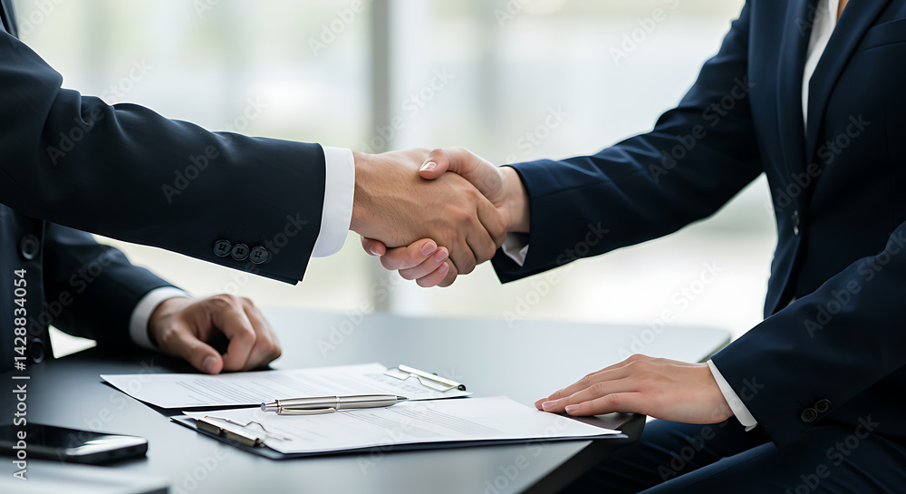 Professional Close-up of Business Handshake Between Two People in Formal Attire Professional Close-up of Business Handshake Between Two People in Formal Attire