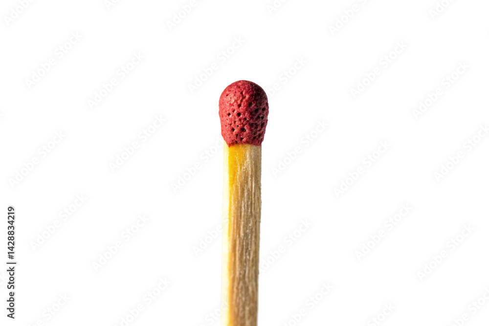 Close-up of a red-tipped wooden matchstick standing upright, rough texture and bright head detail visible, isolated on a transparent background Close-up of a red-tipped wooden matchstick standing upright, rough texture and bright head detail visible, isolated on a transparent background