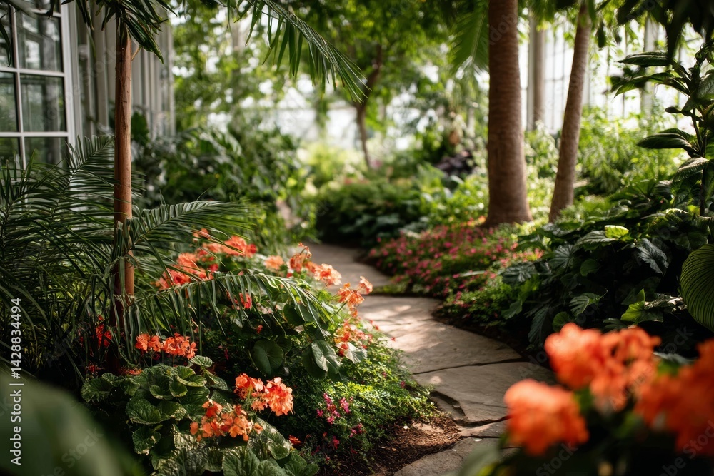 Botanical garden with lush greenery and vibrant flowers in the background.