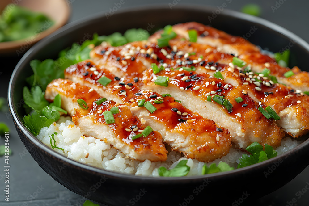 Chicken Katsu styled on dark grey background with clean plating and props