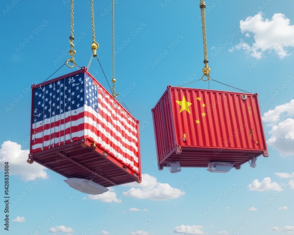 a vivid image of two shipping containers, one representing the United States and the other representing China. The containers are suspended in mid-air by gold-colored hooks with black stripes, set aga a vivid image of two shipping containers, one representing the United States and the other representing China. The containers are suspended in mid-air by gold-colored hooks with black stripes, set aga
