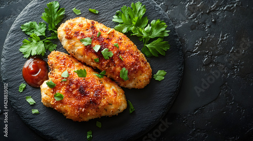 Chicken Kiev served on dark grey textured plate with fresh garnish top view