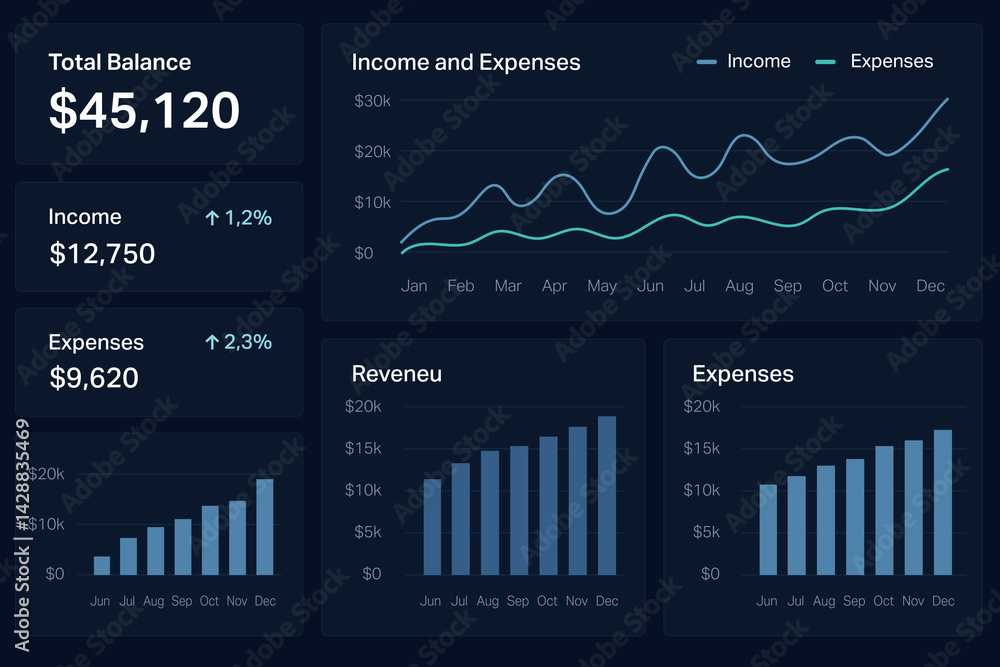 Professional financial dashboard with charts and performance metrics