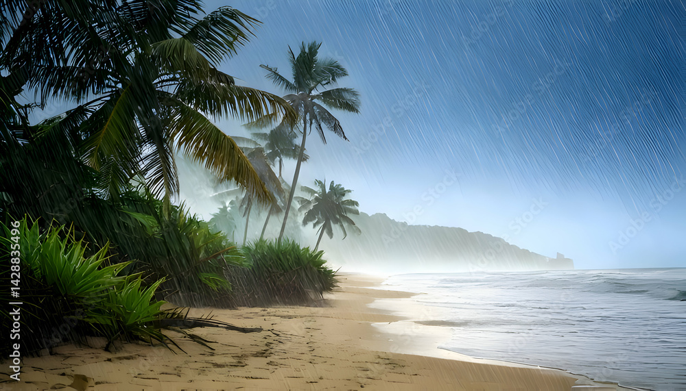 Fototapeta premium Rainy Day Beach Scene: A serene tropical beach scene, where the relentless rain showers paints a dynamic canvas.