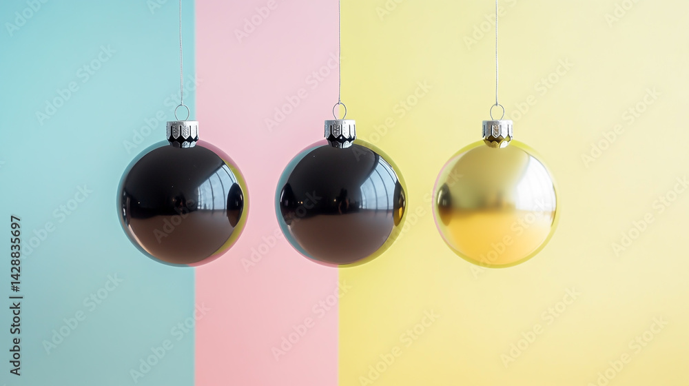 Three shiny Christmas ornaments in yellow, black, and pink, hanging against a pastel background. Three shiny Christmas ornaments in yellow, black, and pink, hanging against a pastel background.