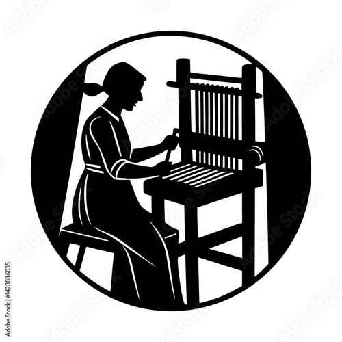 Woman weaving textile on loom vintage craft art silhouette