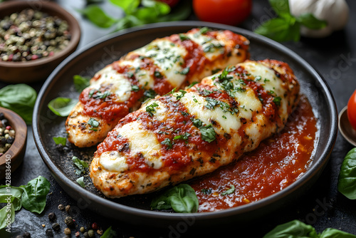 Obraz na płótnie Chicken Parmesan styled on rustic black stone table with side ingredients w salonie
