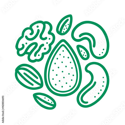 Outline illustration of various nuts and seeds