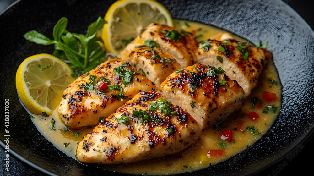 Chicken Piccata presented on a black textured surface with elegant side garnishing