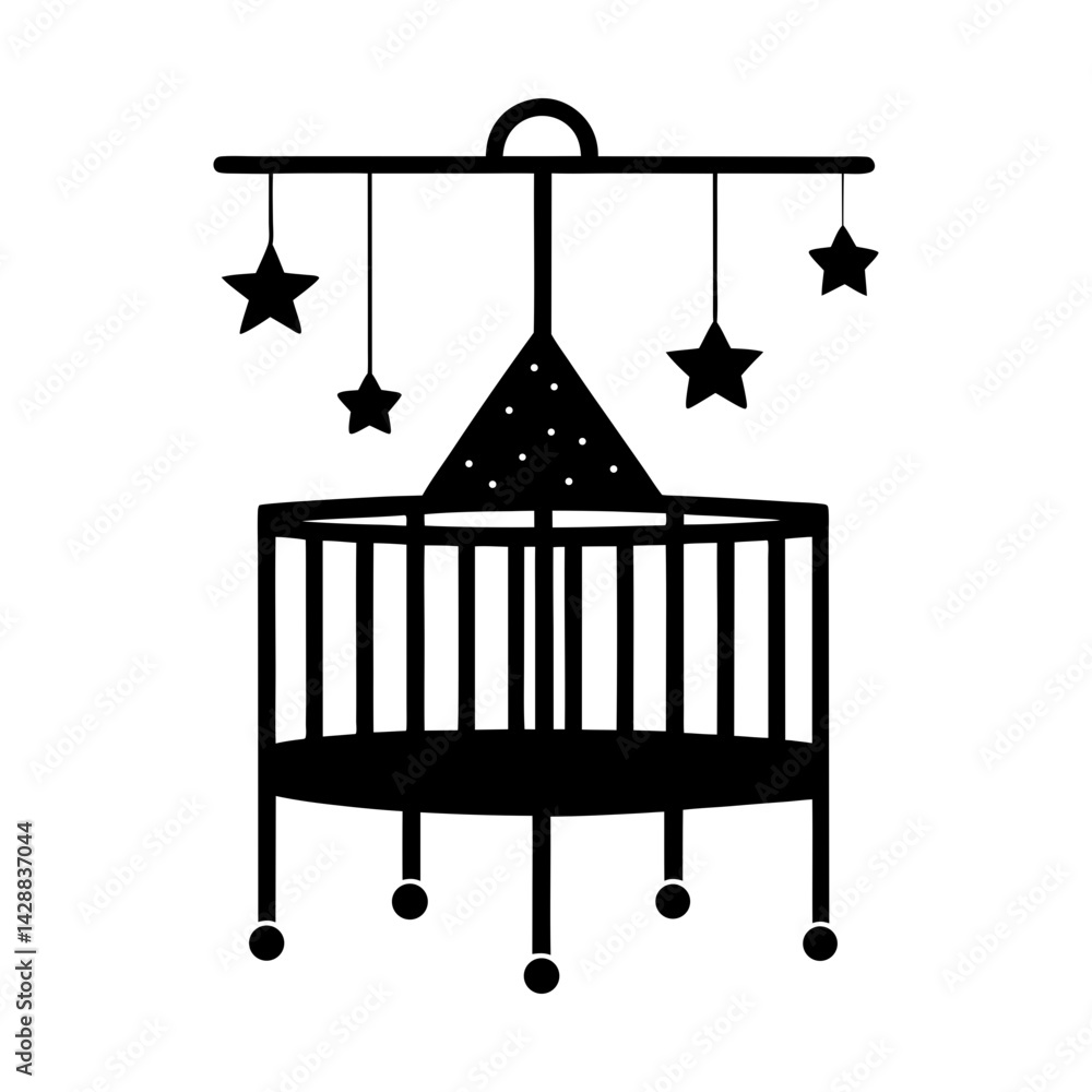 Obraz premium Illustration of a baby crib with hanging stars toy silhouette
