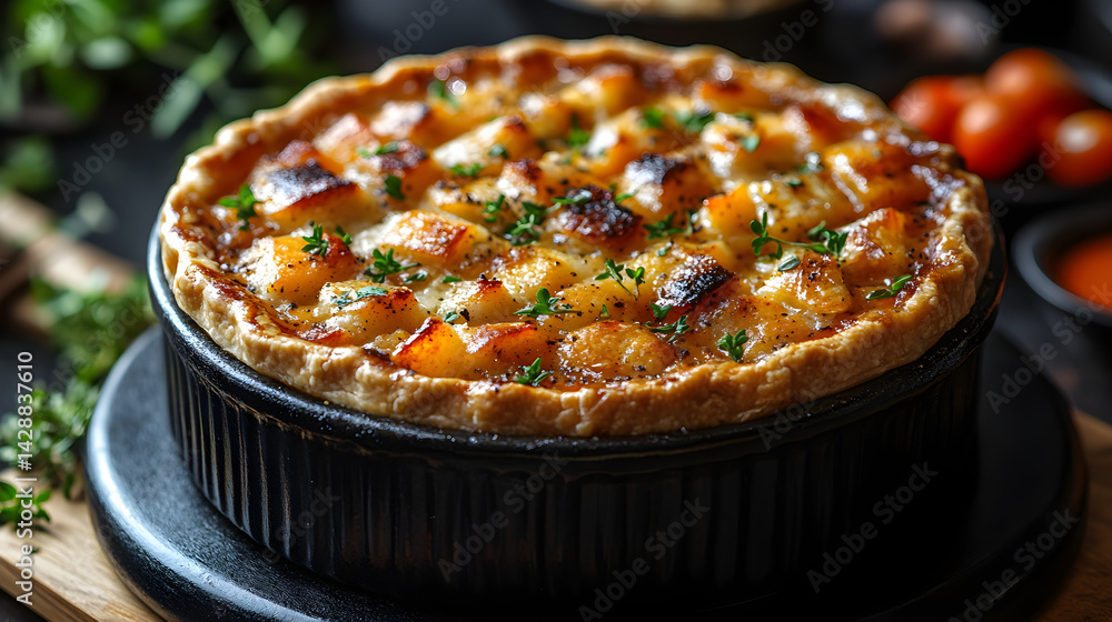 Chicken Pot Pie presented on a black textured surface with elegant side garnishing