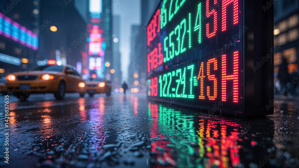 Illuminated stock market ticker display during a rainy evening in the bustling city. Illuminated stock market ticker display during a rainy evening in the bustling city.