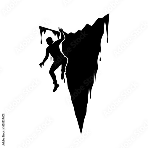Silhouette of climber scaling a mountain of stone