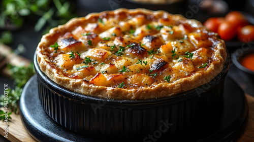 Obraz na płótnie Chicken Pot Pie presented on a black textured surface with elegant side garnishing w salonie