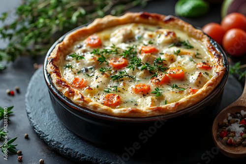 Obraz na płótnie Chicken Pot Pie styled on dark grey background with clean plating and props w salonie