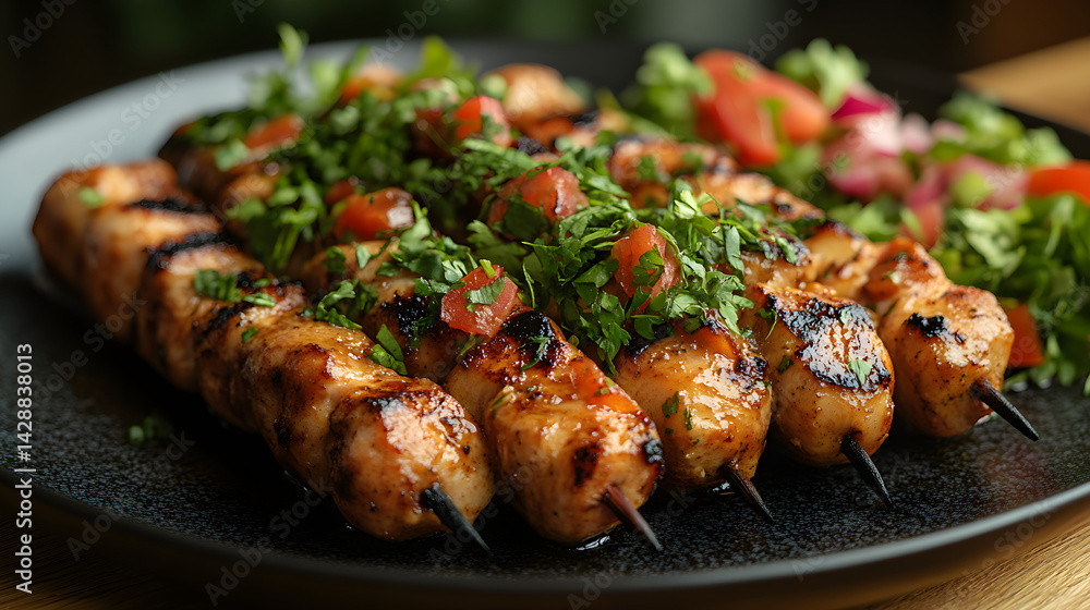 Chicken Satay served on dark grey textured plate with fresh garnish top view