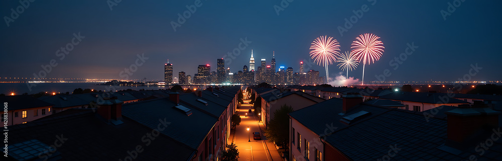 Fototapeta premium View Of City Rooftops With Labor Day Fireworks At Night Photo Style 10
