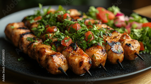 Obraz na płótnie Chicken Satay served on dark grey textured plate with fresh garnish top view w salonie