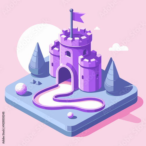 Colorful mini golf course with castle and trees on a pink background