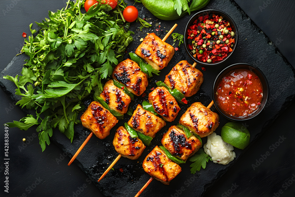 Chicken Satay styled on rustic black stone table with side ingredients