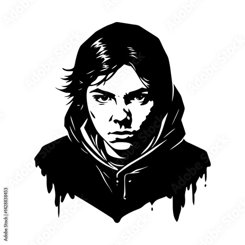 Monochrome portrait of a hooded young individual silhouette